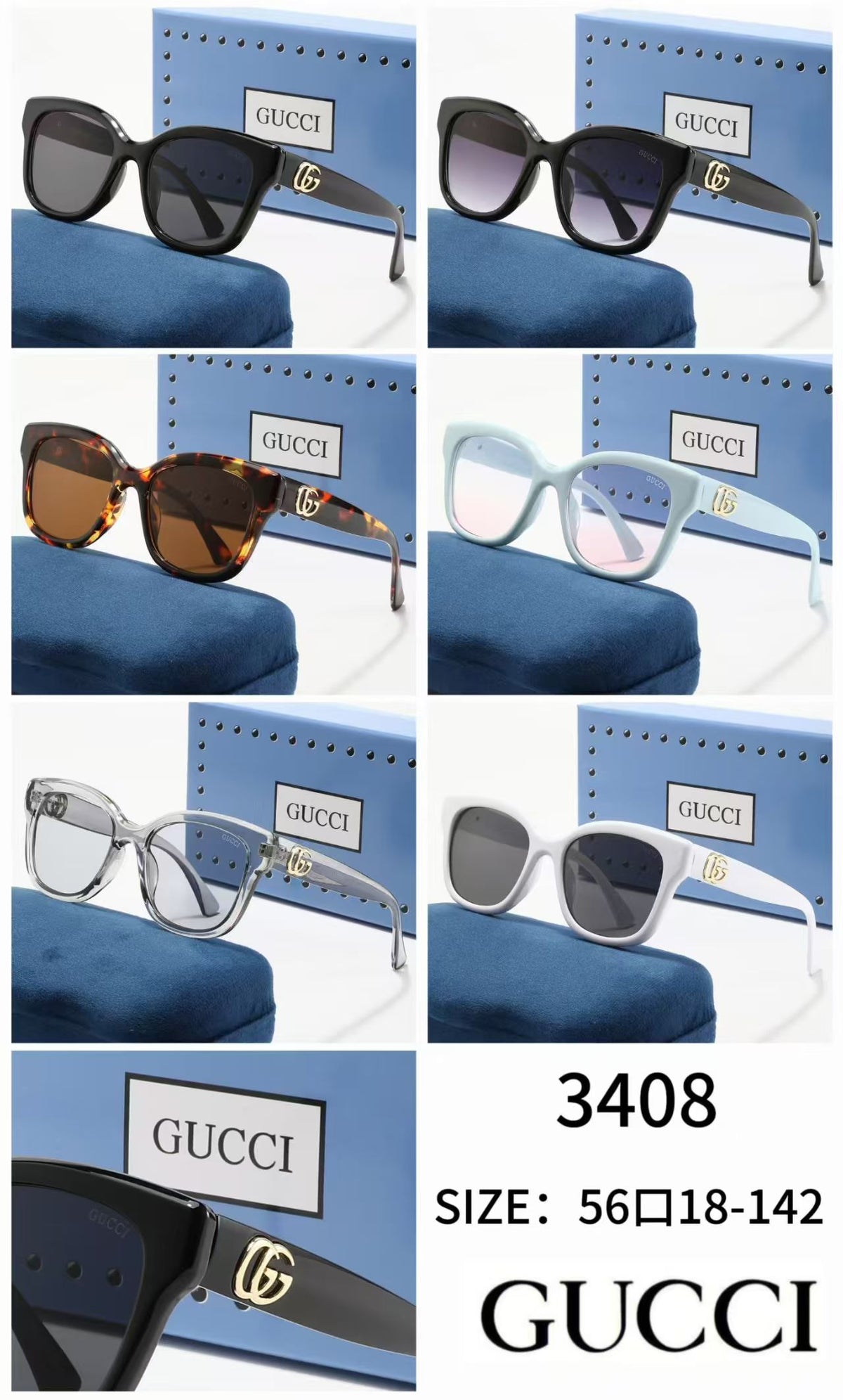 Exquisite Gucci square-round sunglasses available in 6 colors. 3408